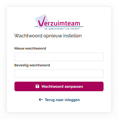 Scherm Wachtwoord opnieuw instellen met de velden Nieuw wachtwoord en Bevestig wachtwoord