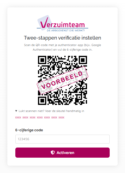 Hetzelfde scherm met de sleutel uitgeklapt onder de QR-code